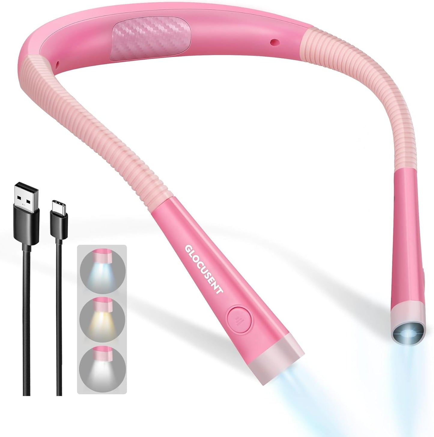 Glocusent Book Light, 3-Color & 6-Brightness Reading Light, Bendable Neck Light, 80-hr Lasting Rechargeable Book Light, Perfect Reading Lights for Books in Bed, Knitting, Repairing, Book Lovers Gifts