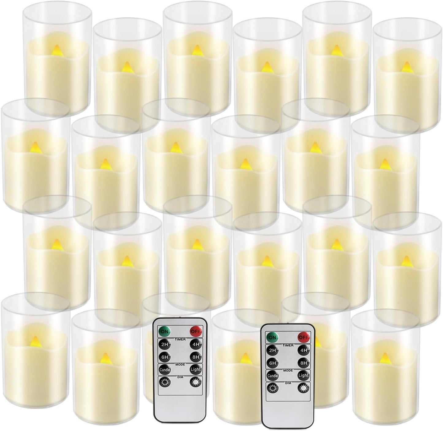 24 Pcs LED Flameless Candles with Remote, 3D Flickering Flame & LED String Lights, Acrylic Clear Cylinder, Timer Function, Romantic Ambience for Home Decor, Party, Wedding (Ivory).