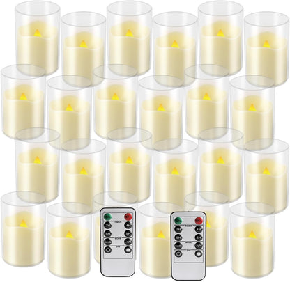24 Pcs LED Flameless Candles with Remote, 3D Flickering Flame & LED String Lights, Acrylic Clear Cylinder, Timer Function, Romantic Ambience for Home Decor, Party, Wedding (Ivory).