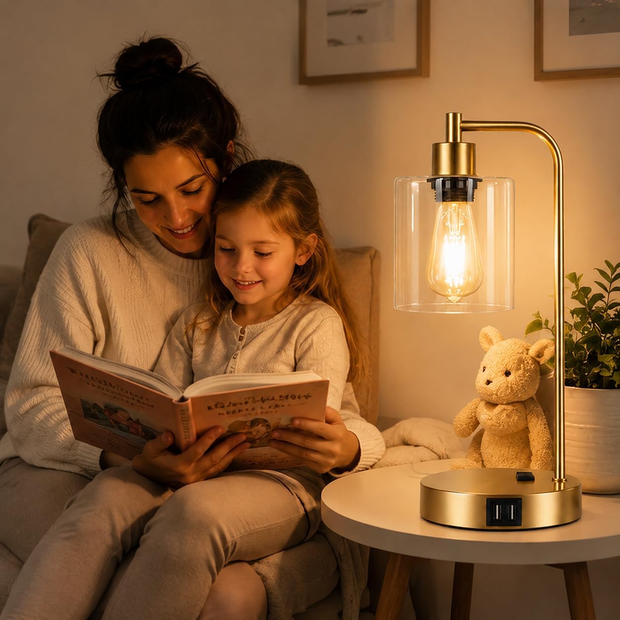 Set of 2 Industrial Touch Control Table Lamps with USB C+A Ports and AC Outlet - 3-Way Dimmable Black Bedside Lamps Nightstand Desk Lamps for Bedroom Living Room, Glass Shade & 2 LED Bulbs Included