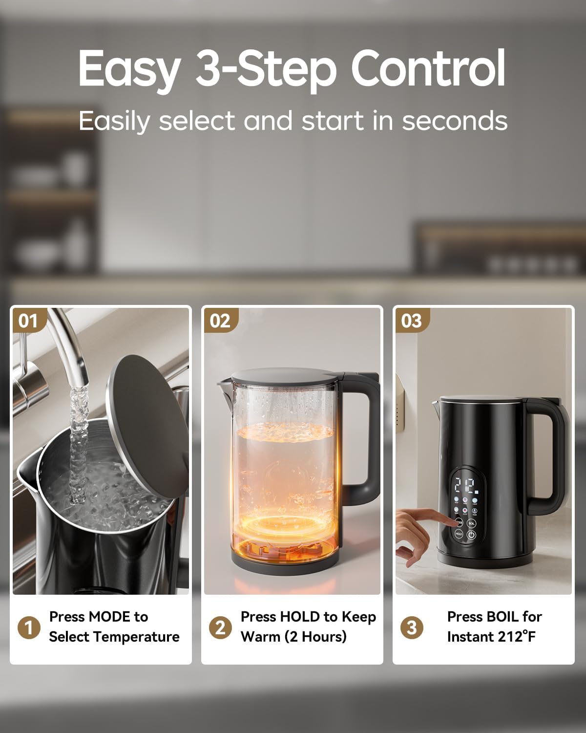 Electric Kettle with Temperature Control, 1.7L Hot Water Kettle for Tea, Coffee & Daily Use, 5 Presets, 2H Keep Warm, Stainless Steel Interior, Auto Shut-Off, Cordless Electric Tea Kettle, Blue