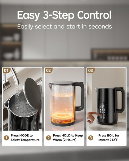 Electric Kettle with Temperature Control, 1.7L Hot Water Kettle for Tea, Coffee & Daily Use, 5 Presets, 2H Keep Warm, Stainless Steel Interior, Auto Shut-Off, Cordless Electric Tea Kettle, Blue