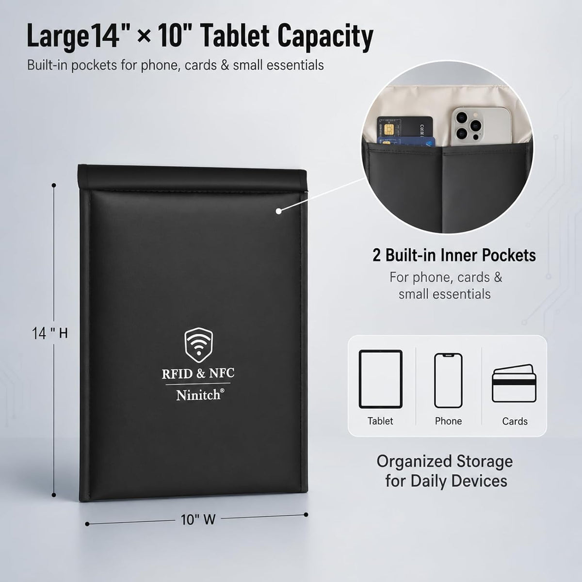 Faraday Bags for Phone Privacy & Security - Signal Blocking Pouch for GPS/WIFI/5G/RFID - Fireproof & Waterproof Anti-Drop Case for Travel & Data Protection Black