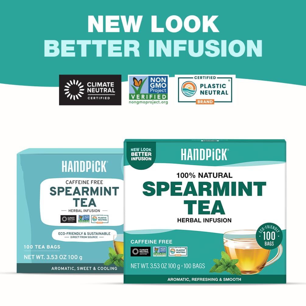 HANDPICK Spearmint Tea (100 Tea Bags) Fresh Natural Mint Leaves, Non GMO