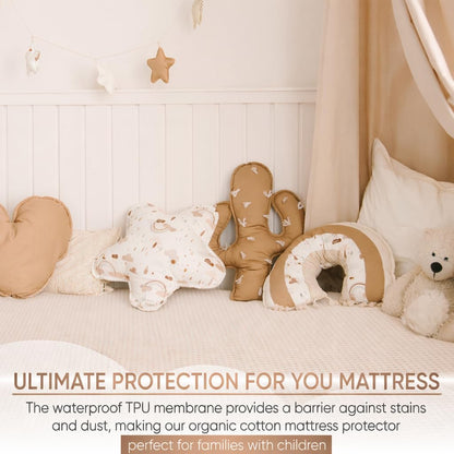 Waterproof Organic Mattress Protector Queen Size – Premium Soft Organic Cotton Surface Mattress Cover – Noiseless & Breathable 250 GSM Mattress Pad – Deep Pocket Fitted Design