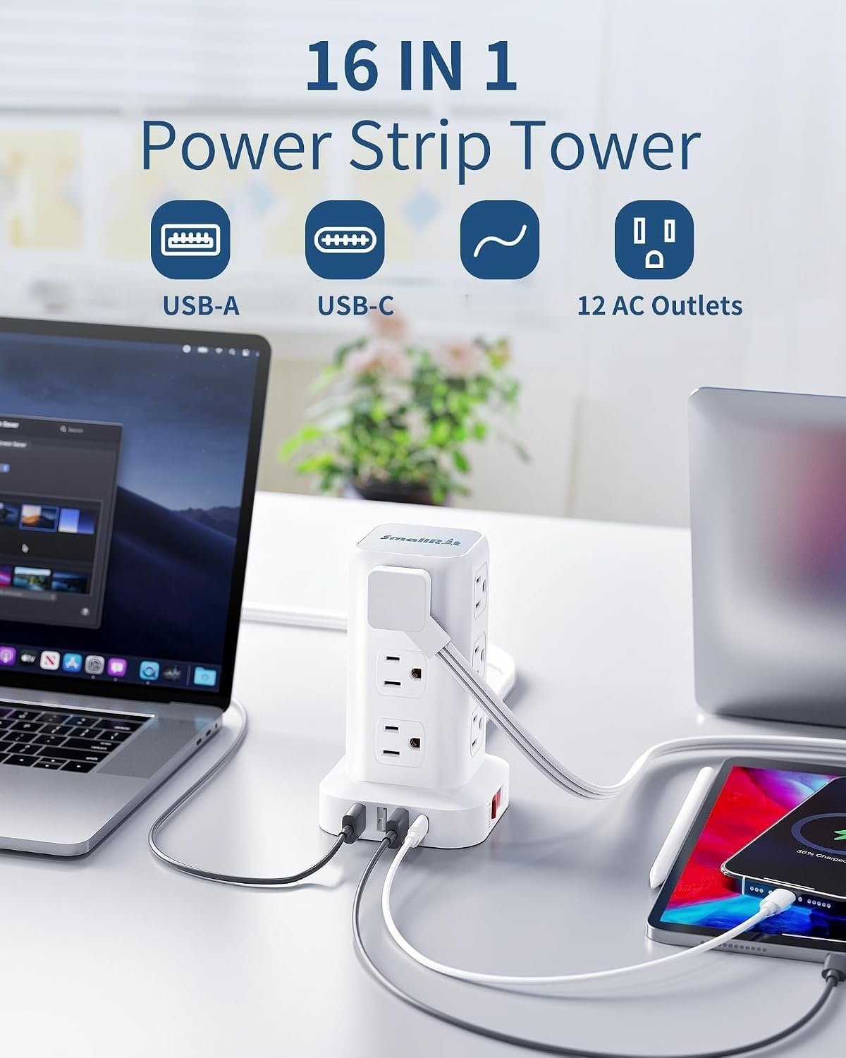 Extension Cord with Multiple Outlets, SMALLRT Power Strip Tower, Outlet Extender with 12 AC Outlets 4 USB, 6.5FT Extension Cord for Home Dorm Room, Office Supplies,Overload Protection