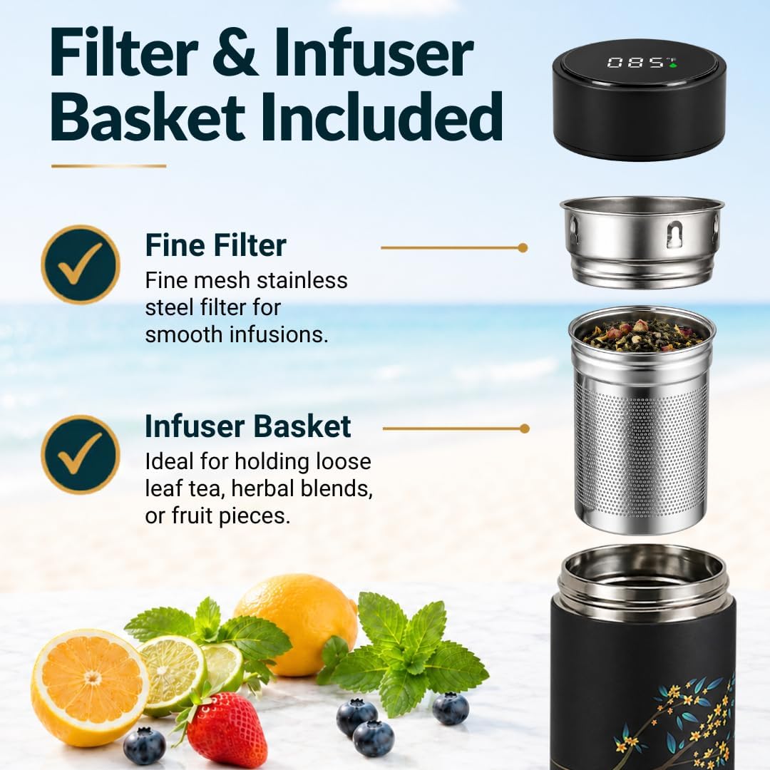 Farasi Tea Infuser for Loose Leaf Tea Smart Water Bottle with Fahrenheit Temperature Display, Stainless Steel Insulated Coffee and Fruit Tea Infuser Bottle - Floral Travel Tea Mugs 15 oz (Black)
