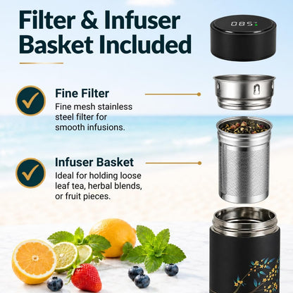 Farasi Tea Infuser for Loose Leaf Tea Smart Water Bottle with Fahrenheit Temperature Display, Stainless Steel Insulated Coffee and Fruit Tea Infuser Bottle - Floral Travel Tea Mugs 15 oz (Black)