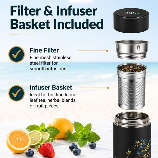 Farasi Tea Infuser for Loose Leaf Tea Smart Water Bottle with Fahrenheit Temperature Display, Stainless Steel Insulated Coffee and Fruit Tea Infuser Bottle - Floral Travel Tea Mugs 15 oz (Black)