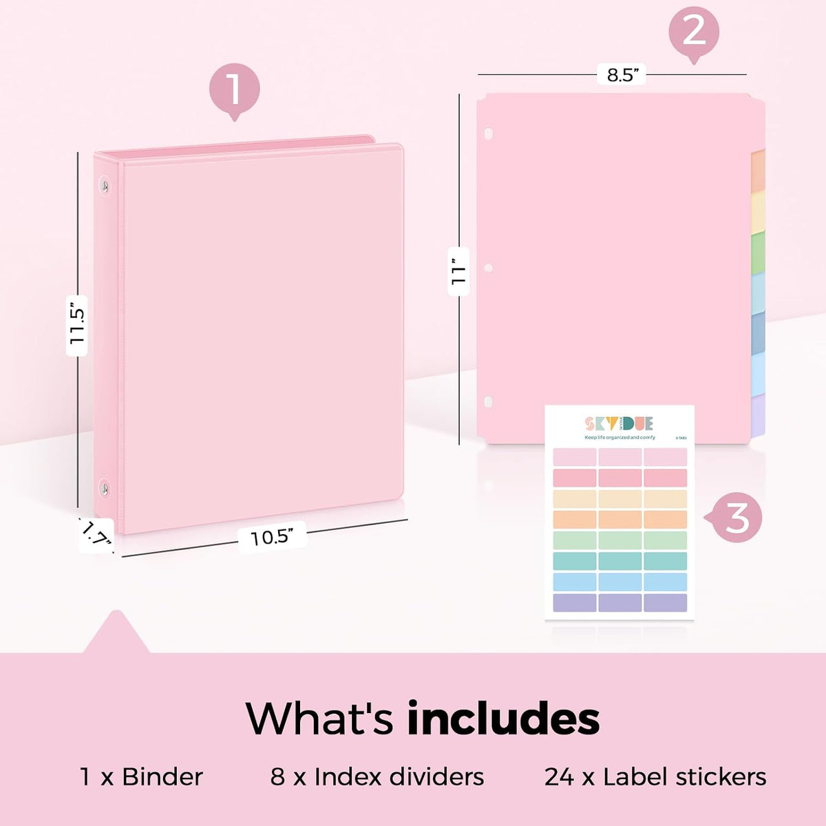 SKYDUE 1 Inch 3 Ring Binder with 8 Tab Dividers & 24 Labels, Pastel Binder Organizer for Letter Size Paper, Aesthetic School Binder for Notes, Documents, Office & Home Organization, Purple