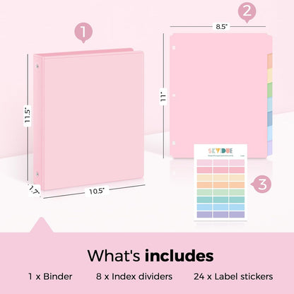 SKYDUE 1 Inch 3 Ring Binder with 8 Tab Dividers & 24 Labels, Pastel Binder Organizer for Letter Size Paper, Aesthetic School Binder for Notes, Documents, Office & Home Organization, Purple