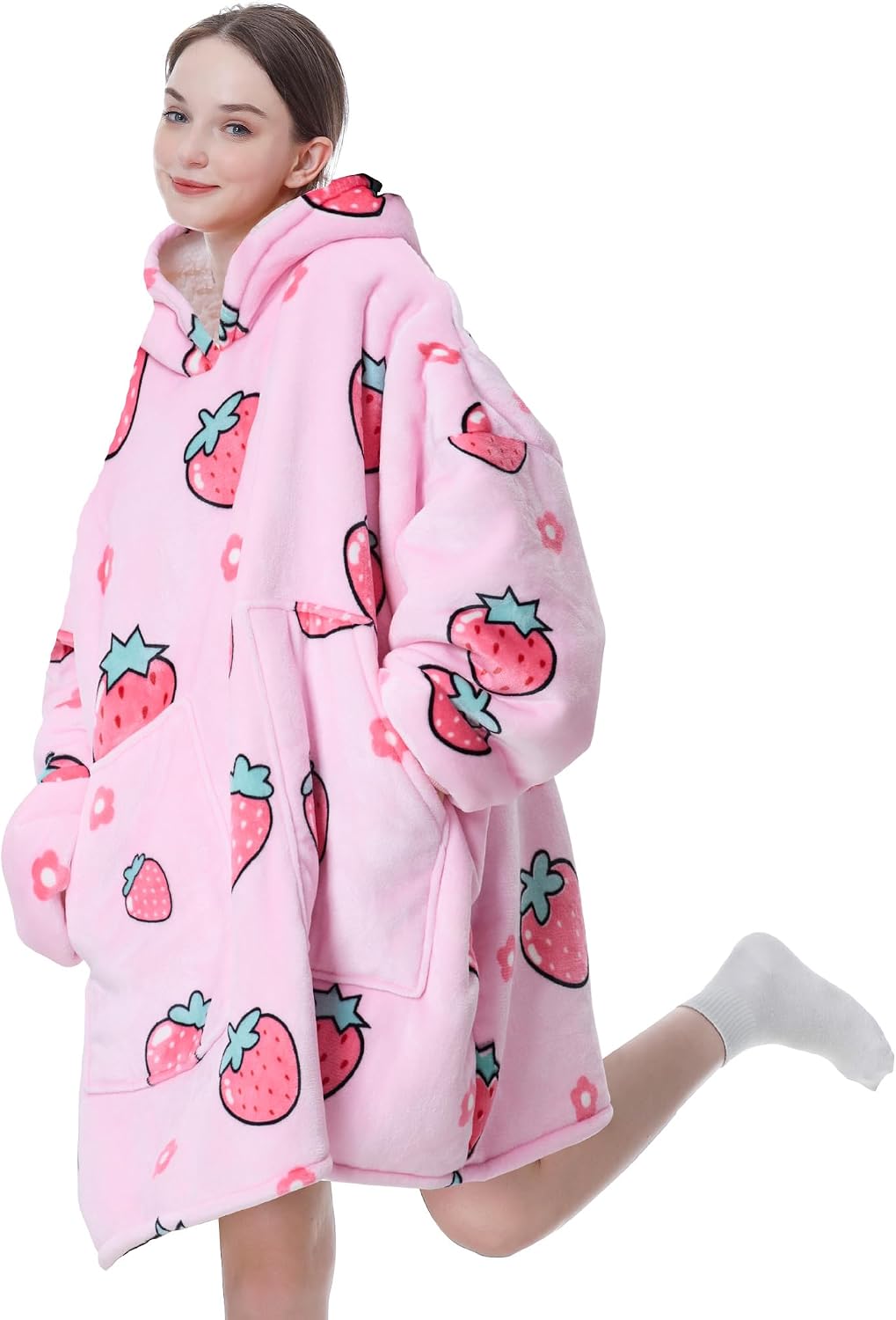 Aemicion Strawberry Blanket Hoodie,Oversized Sherpa Wearable Hooded Blanket,Warm Cozy Sweatshirt Gifts for Women Girls Adult