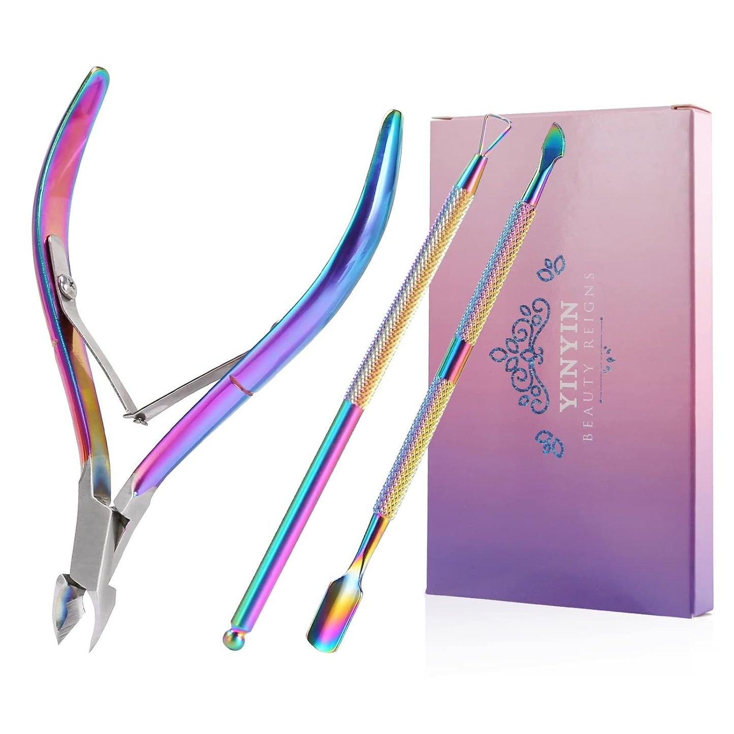 YINYIN Cuticle Trimmer with Cuticle Pusher and Cutter, Professional Stainless Steel Nippers, Cutter Clippers, Cuticle Remover, Pedicure Manicure Tools for Fingernails and Toenails, Sliver