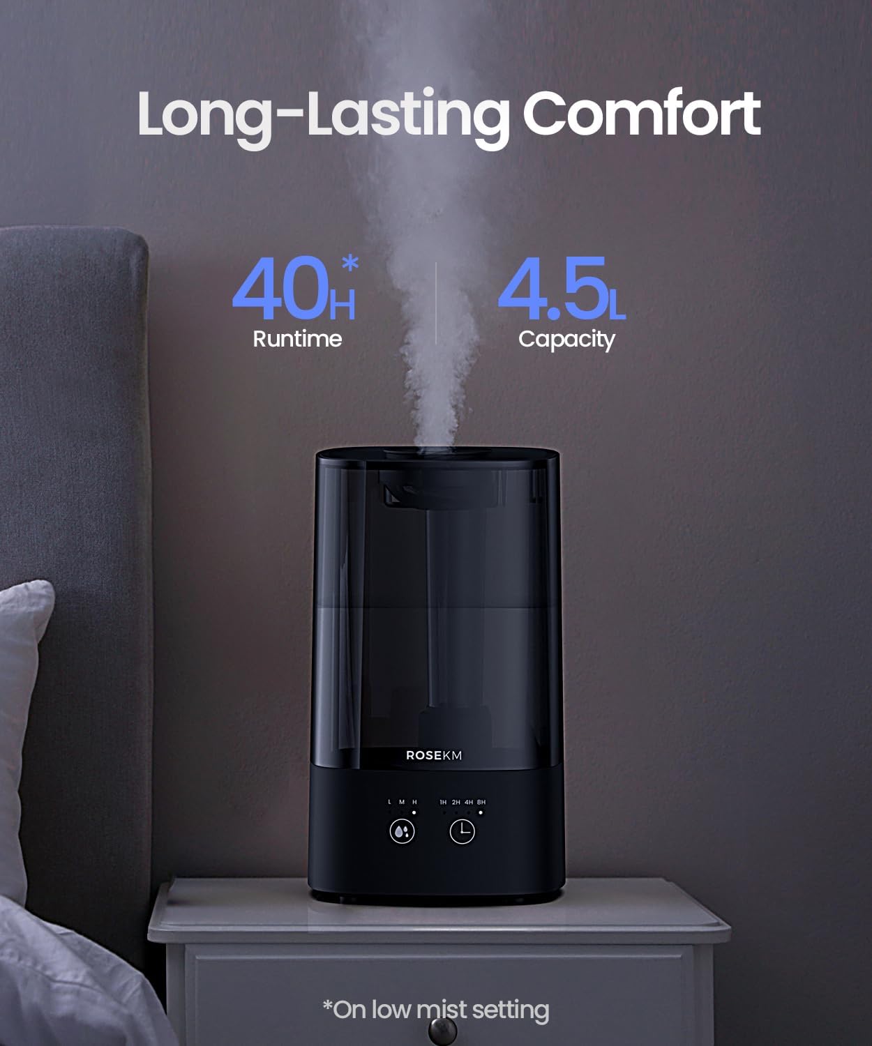 ROSEKM Humidifiers for Bedroom (1.1L), Small Cool Mist Humidifier for Home Plant and Baby Nursery, Quiet Ultrasonic Humidifier with 360° Nozzle, Auto Shut-Off, Filterless, Black