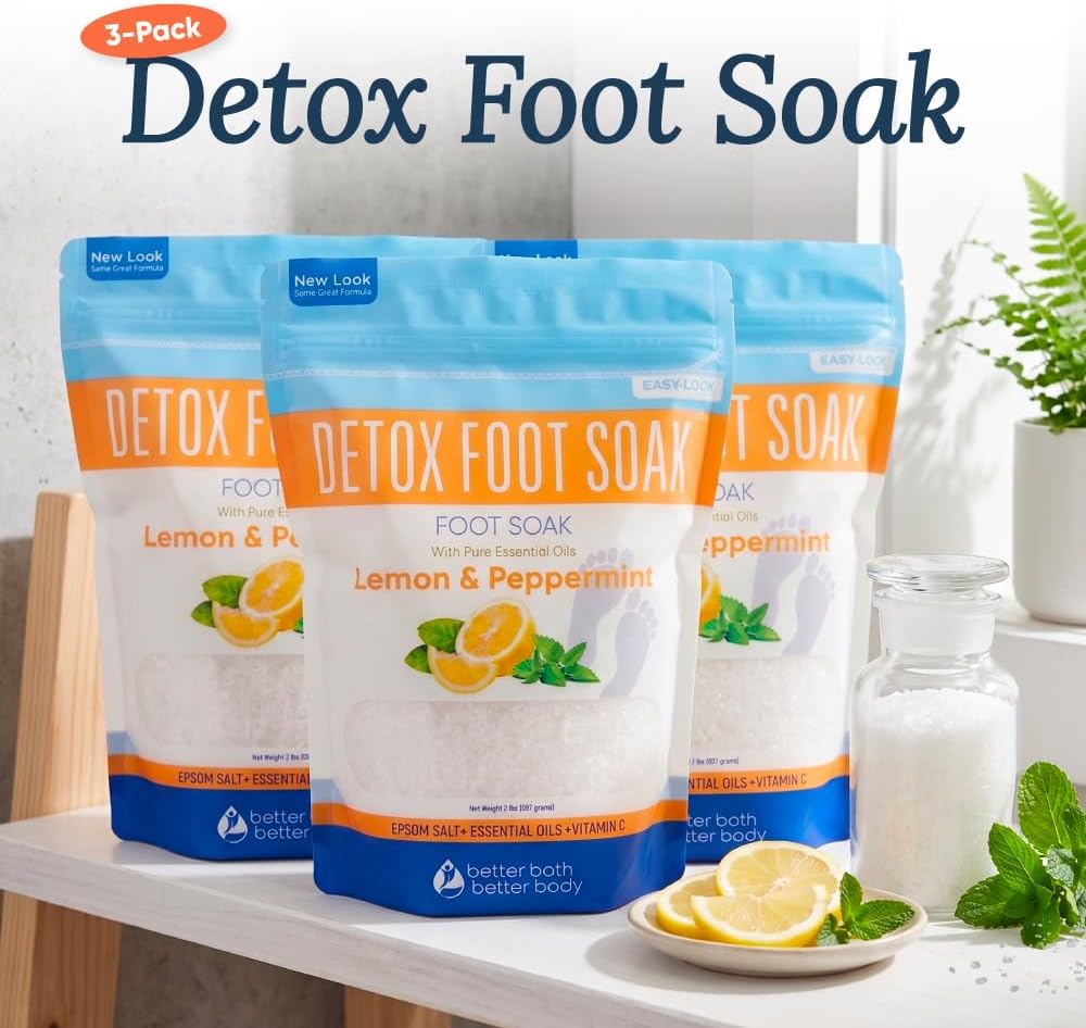Detox Foot Soak Salts 32 Ounces with Lemon, Peppermint, Lavender Frankincense Essential Oils BPA Free Pouch with Easy Press-Lock Seal Soothe Athletes Foot, Soften Calluses, Relax Tired Feet