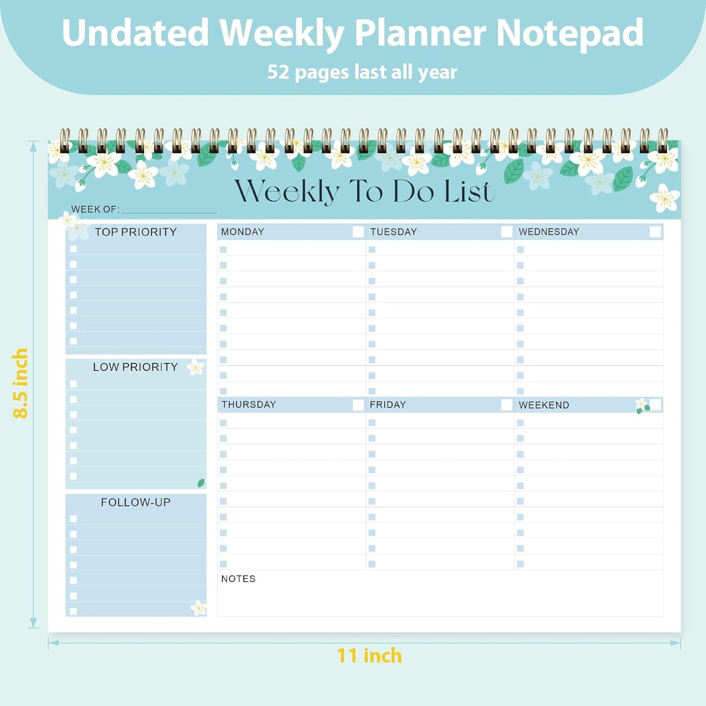 Weekly To Do List Notepad, Undated Planner with 52 Sheets (8.5''x11'') | Desk Accessories and Supplies, Women & Man, Home School & Work