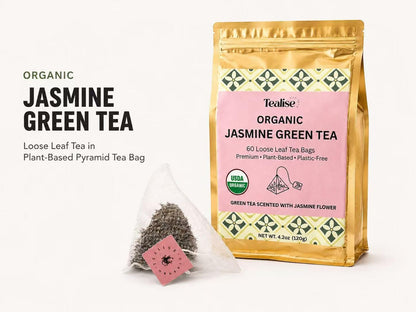 Organic Jasmine Green whole Leaf Pyramid Tea Bags – USDA Organic, Plant-Based & Plastic-Free Tea Bags, Smooth Floral Green Tea, 60 Count by Tealise
