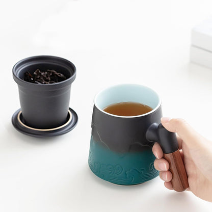 ZENS Embossed Ceramic Tea Mug with Infuser and Lid, 14.5 oz Wooden Handle, Loose Leaf Tea Steeper Cup & Strainer for Tea Lovers Gifts