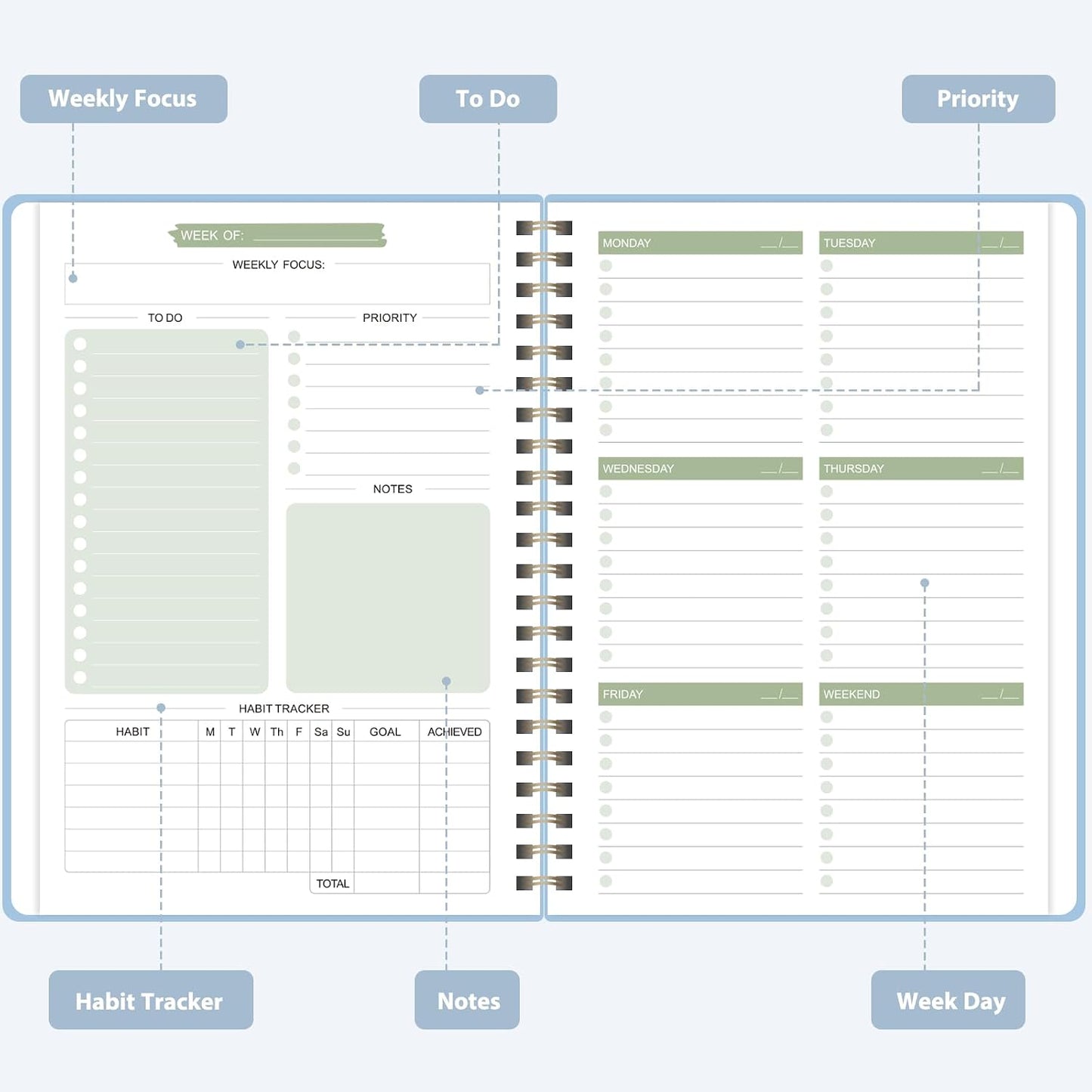 Undated Weekly Planner, Weekly To Do List Notebook, A5 Daily Planner | Office School Supplies, Spiral Binding, Inner Pocket, Goal, Organizer, Habit Tracker