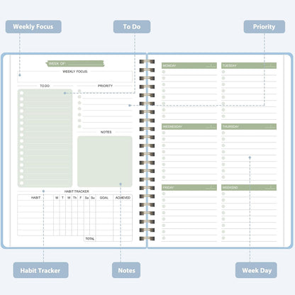 Undated Weekly Planner, Weekly To Do List Notebook, A5 Daily Planner | Office School Supplies, Spiral Binding, Inner Pocket, Goal, Organizer, Habit Tracker