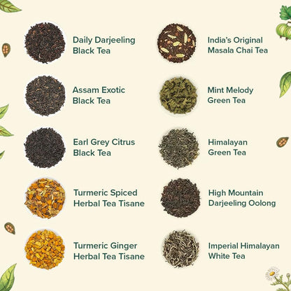VAHDAM Top 10 Favourites Tea Sampler Set | Loose Leaf Tea (50+ Cups) | Tea Variety Pack with Green, Herbal, Black & Chai Brew | Vacuum Sealed For Freshness | Brew Hot & Col