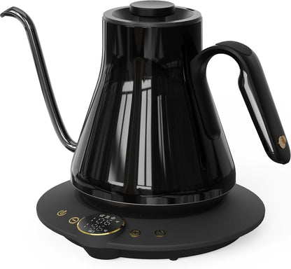 INTASTING Gooseneck Electric Kettle with ±1℉ Temperature Control for Pour Over Coffee & Tea, Quick Heating, BPA-Free Stainless Steel, Built-in Brew Timer, 1500W/0.9L (Ebony Black)