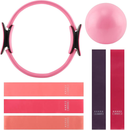 Pilates Ring and Ball Set with Resistance Bands, 14'' Circle Ring, 9.8” Pilates Ball and 5 Resistance Bands Home Workout Kit for Women Training Core, Full Body Exercise