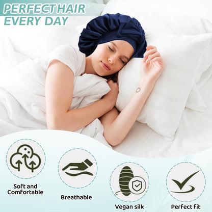 VECIIR Silk Bonnet for Sleeping Women, Ajustable Hair Bonnet for Curly Hairs Satin Bonnet Reduce Friction Prevent Frizz Black，Large