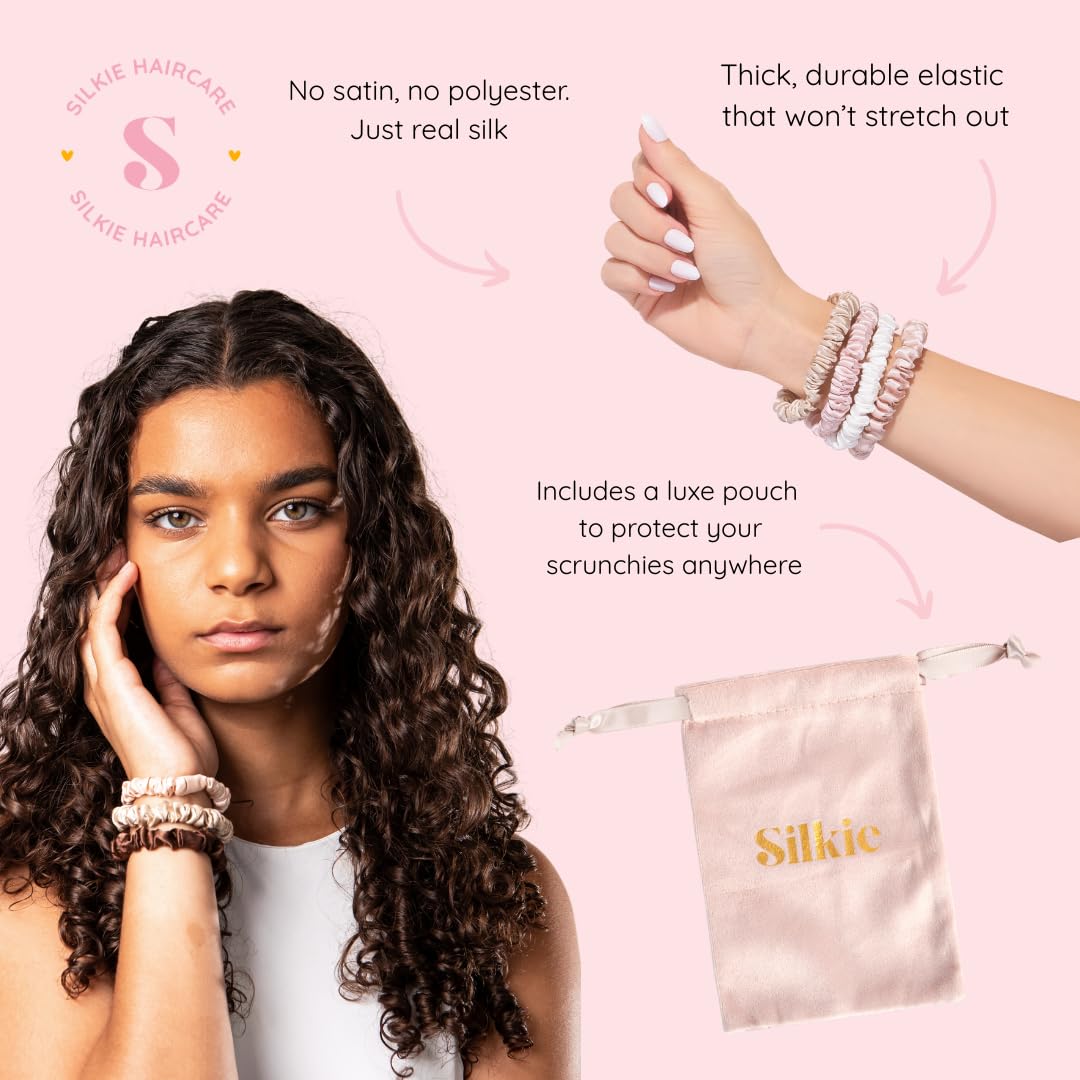 SILKIE x4 Set - Forget Satin - 100% Pure Mulberry Silk Black Brown Skinny Scrunchies Travel Pouch Everyday Hair Ties Elastics Hair Care Ponytail Holder No Damage (Chocolate)
