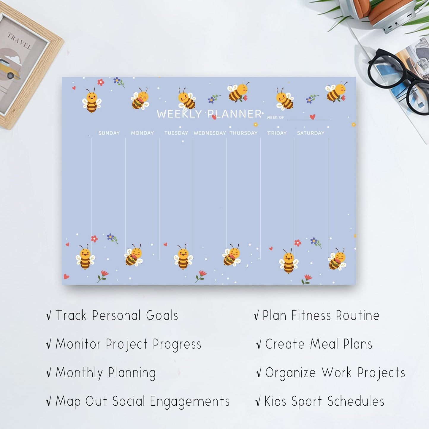 Undated Weekly Planner Notepad, 52 Sheet Tear-Off Weekly To Do List Notepad, Desk Planner Pad Calendar, Blank Calendar for Daily Habit Tracking/Menu Planning(8.26"x11,69")