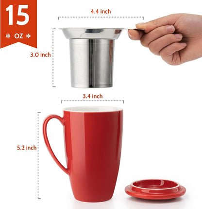 Sweese 15oz Porcelain Tea Mug with Infuser and Lid – Microwave Safe, Ergonomic Handle, Lead-Free Glaze, for Loose Leaf Tea