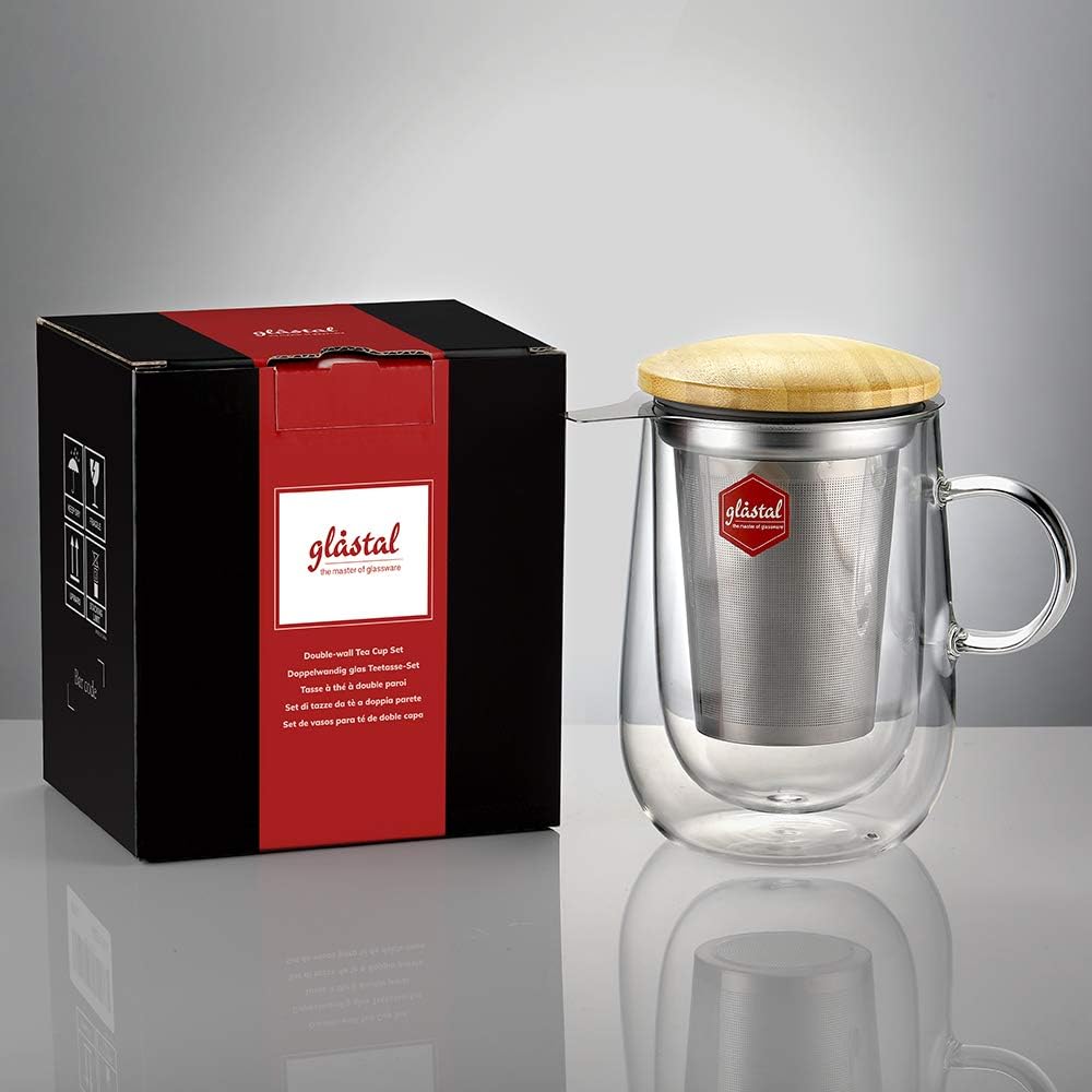 glastal Tea Infuser Mug 14.5oz Glass Tea Cup with Removable Stainless Steel Infuser and Lid, Double-walled Black Glass Tea Cup Teacup for Loose Leaf Tea, Birthday for Parents Dad Mum Friends Office