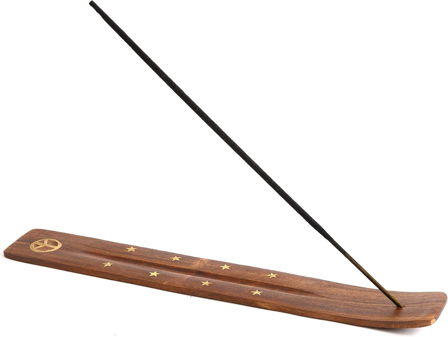 Wooden Incense Holder for Sticks with Inlays of Brass Crescent Moon 10 inches Long