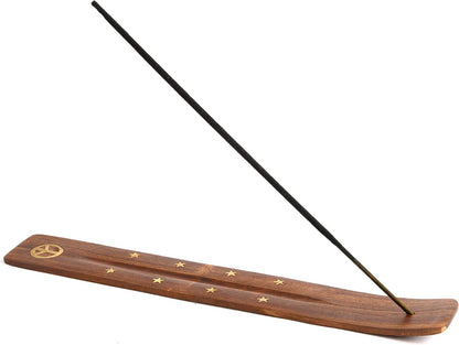 Wooden Incense Holder for Sticks with Inlays of Brass Crescent Moon 10 inches Long