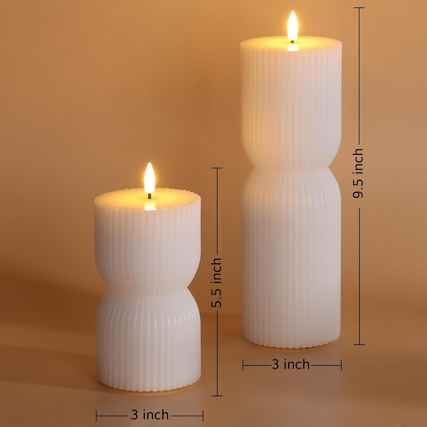 White Ribbed Flameless Pillar Candles with Remote, Real Wax Flickering Battery LED Candles Set of 2