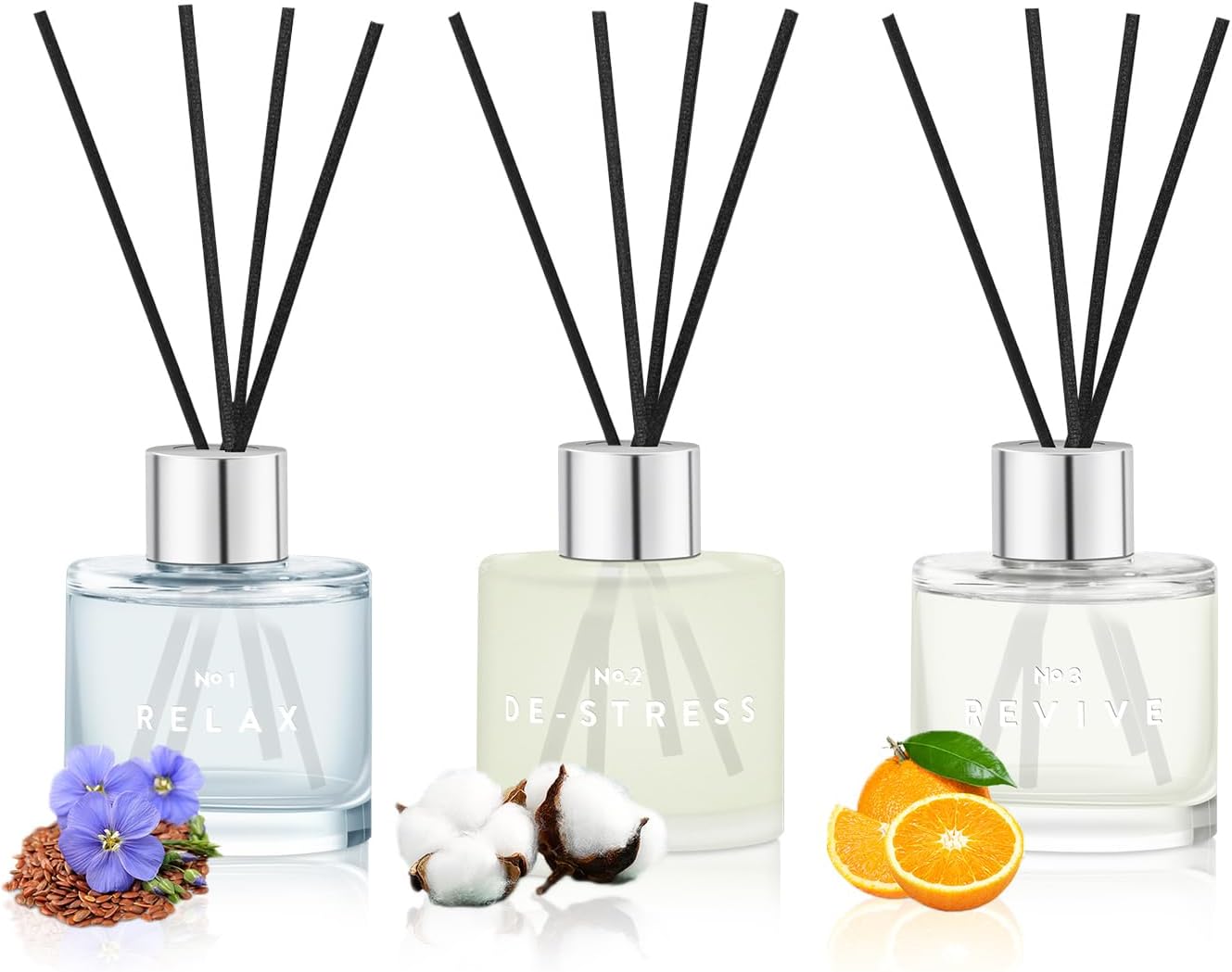 3 Pack Fragrance Reed Diffuser, 50ML Lavender Jasmine Lemongrass Aromatherapy Diffuser Set with 12 Black Fiber Sticks,Air Freshener for Bedroom Bathroom Office, 8.2X 6.6X 2.1 inch