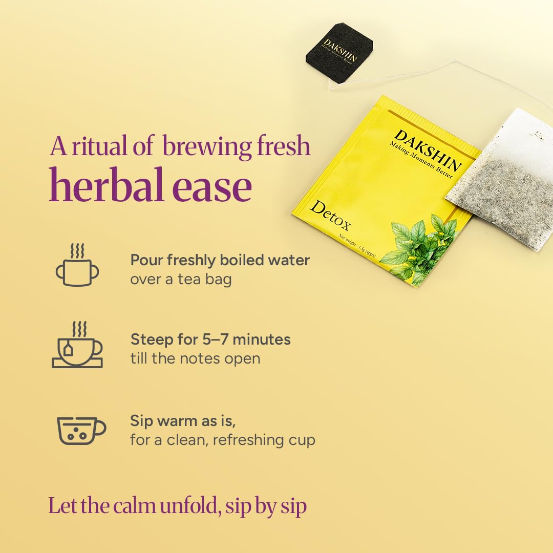 DAKSHIN Organic Detox Tea Bags | Lemongrass, Tulsi, Echinacea, Dandelion & Ginger | Naturally Cleansing Daily Wellness Tea | Caffeine-Free | USDA Organic | 16 Tea Bags
