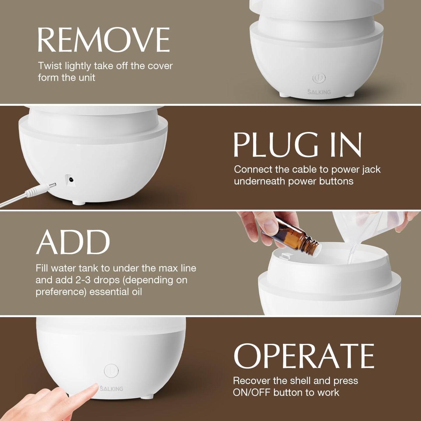 SALKING Essential Oil Diffuser, 100ml Small Aromatherapy Diffuser with Auto Shut-Off Function, Ultrasonic Diffusers for Essential Oils, Cool Mist Humidifier with Warm White Lights, for Office Home