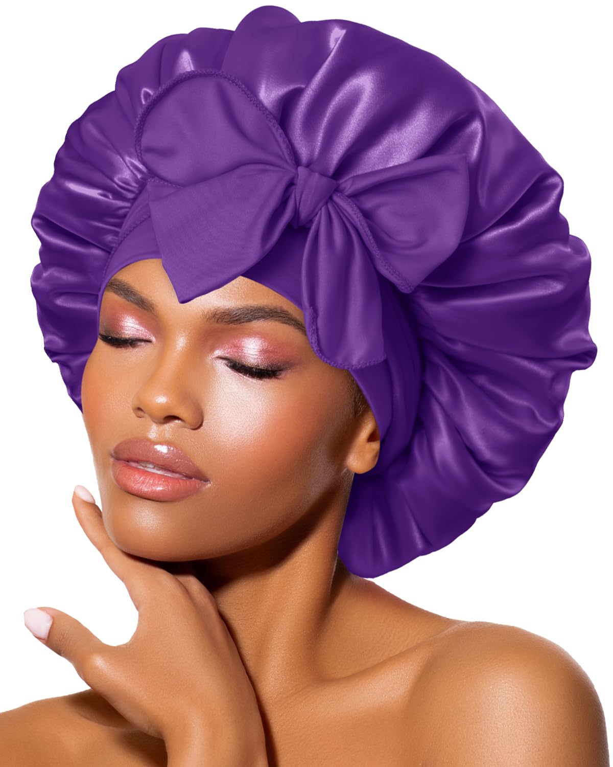 BONNET QUEEN Silk Bonnet for Sleeping for Women Satin Bonnet Night Cap for Curly Hair with Tie Band, Single Layer, Cream Pink
