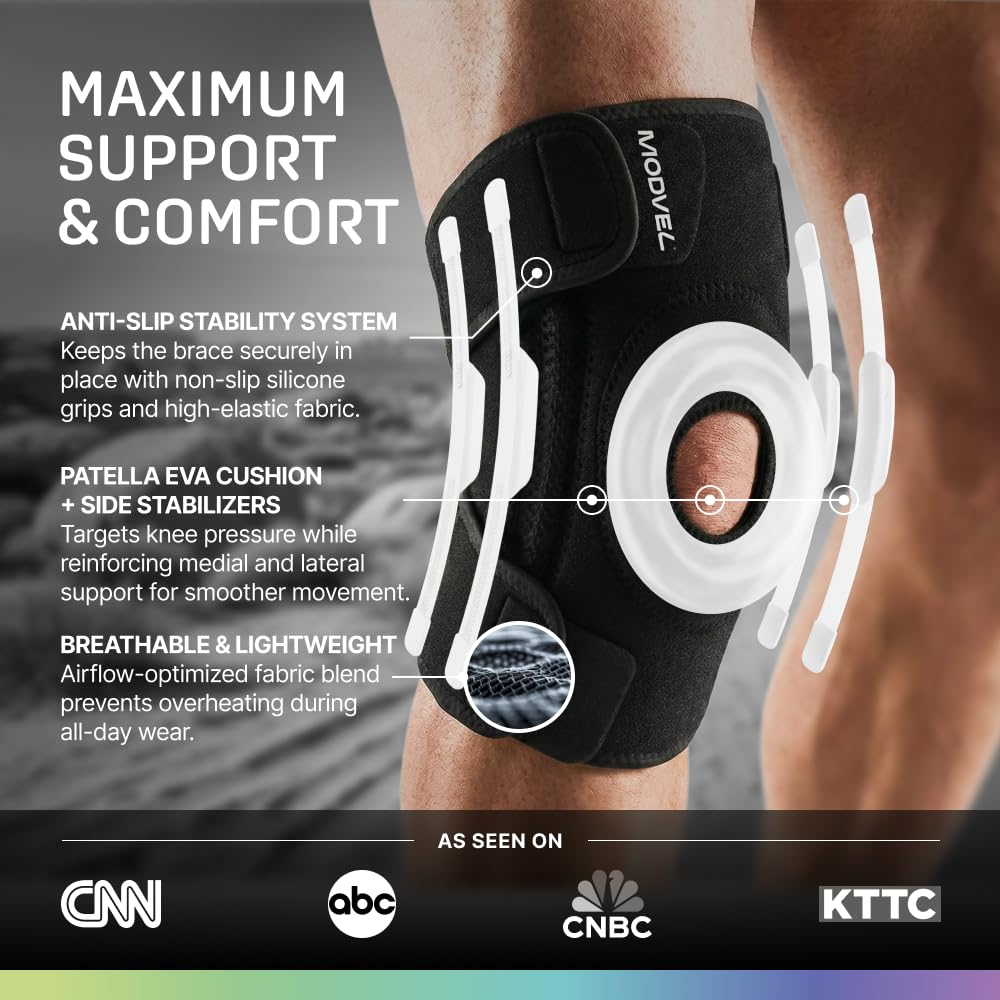 Modvel Knee Brace with Side Stabilizers & Patella Gel Pads for Pain Relief and Joint Support Breathable, Non-Slip Compression Sleeve for Men & Women, Arthritis, Meniscus, ACL Recovery