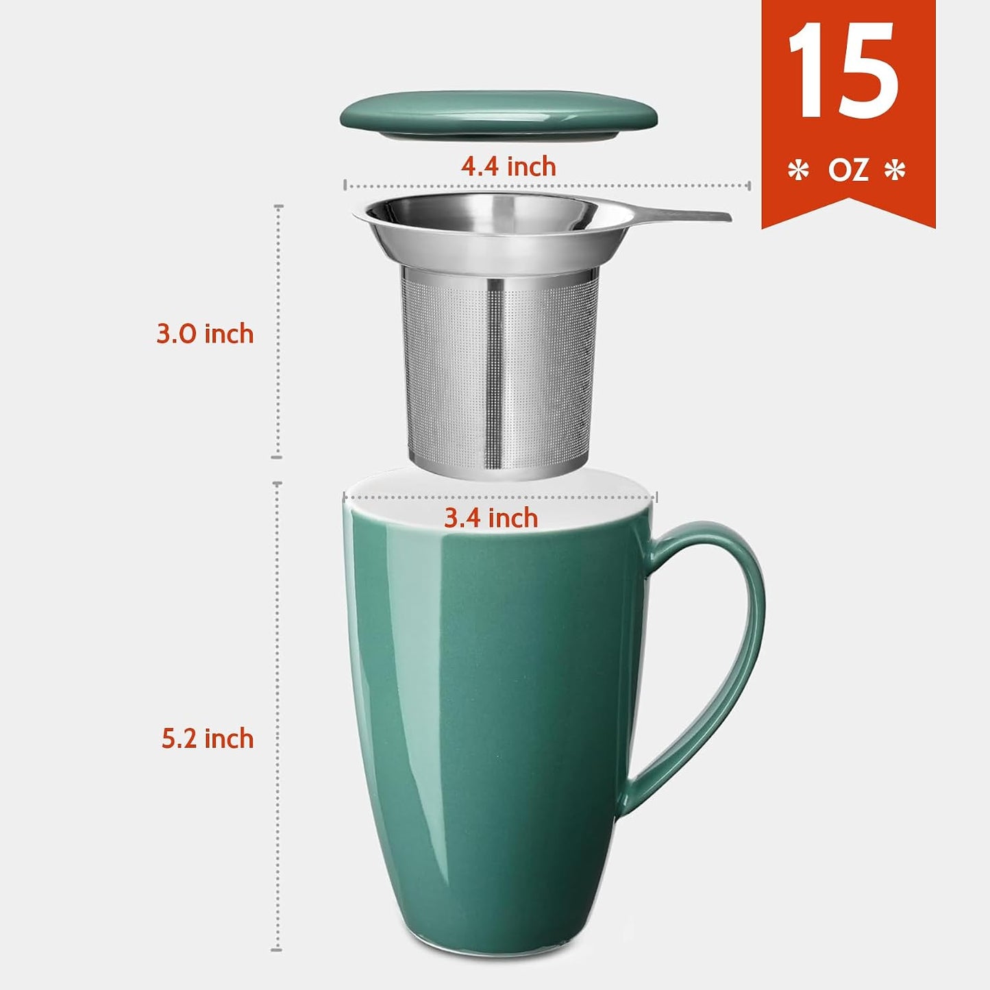 Sweese 15oz Porcelain Tea Mug with Infuser and Lid – Microwave Safe, Ergonomic Handle, Lead-Free Glaze, for Loose Leaf Tea