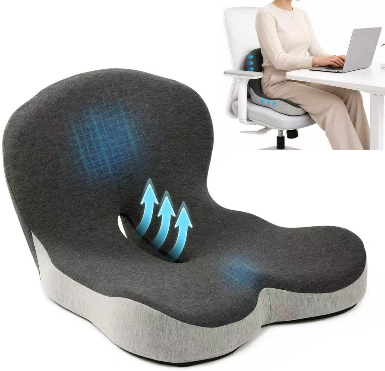 Memory Foam Seat Cushion with Lumbar Back Support, L-Shaped Ergonomic Chair Cushion for Office Chair, Car, Wheelchair, Gaming Seat, Non-Slip Washable Cover, Coccyx Support Pillow