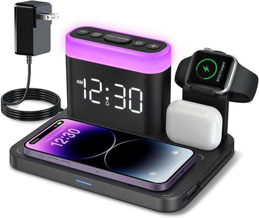 ANJANK Wireless Charging Station,5 in 1 Multiple Charger Stand with Alarm Clock,7 Night Light,Magnetic Charging Dock for iPhone 18 17 16 15 14 13 Pro Max Plus,Apple Watch 11/10/9/8,for Airpods,Bedroom