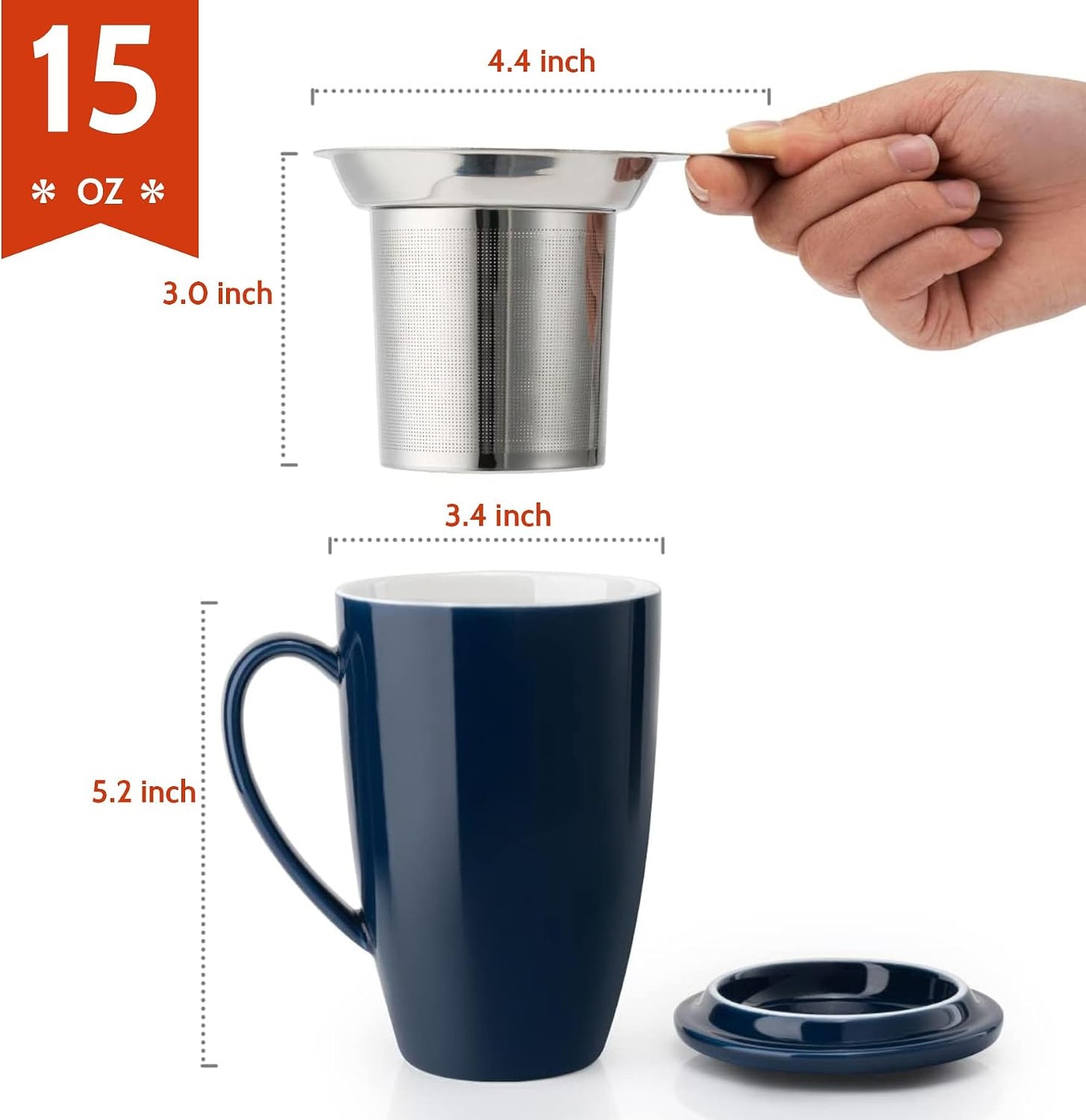Sweese 15oz Porcelain Tea Mug with Infuser and Lid – Microwave Safe, Ergonomic Handle, Lead-Free Glaze, for Loose Leaf Tea