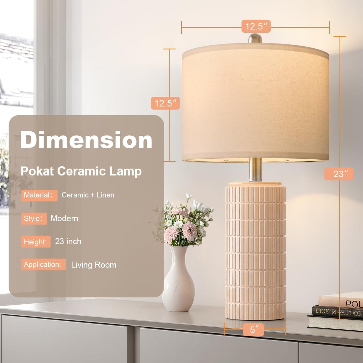 PoKat 23" Modern Ceramic Table Lamp Set of 2 for Living Room White Desk Lamps for Bedroom Farmhouse Bedside Nightstand Lamp House Warming Gifts New Home Decor End Table Lamps Gifts for Women Mom Beige