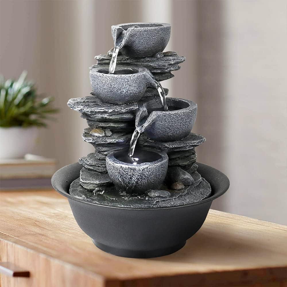 8.3” H Indoor Zen Tabletop Water Fountain, Rock Cascading Waterfall with Spinning Crystal Ball & LED Light for Home Office Decor
