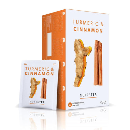 Nutra Tea - Turmeric & Cinnamon Tea | Turmeric Tea - 20 Individually Wrapped, Reusable Teabags - Caffeine Free, All Natural Herbal Blend (1 Pack)