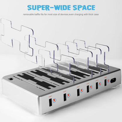 Charging Station for Multiple Devices, 6 Ports Multi Devices USB Charger Fast Cell Phone Charging Station for iPhone iPad Tablet (Silver, 6 Mixed Cables Included)