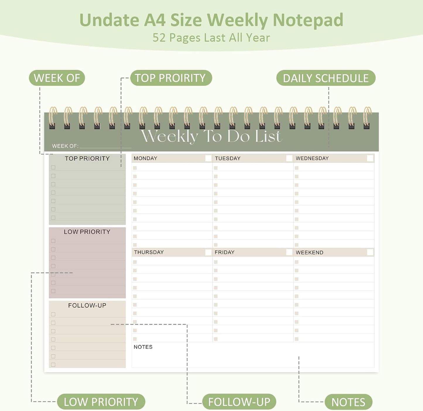 Weekly To Do List Notepad, 52 Undated Sheets (8.5"×11"), Undated Weekly Planner for Women & Men, Desk Accessories and Supplies for Office, Home, and School