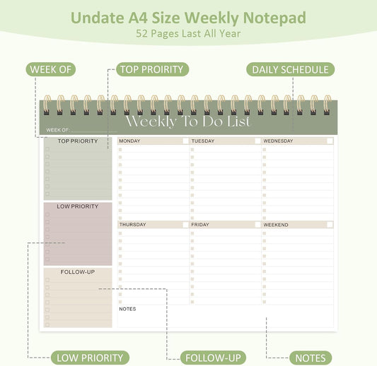Weekly To Do List Notepad, 52 Undated Sheets (8.5"×11"), Undated Weekly Planner for Women & Men, Desk Accessories and Supplies for Office, Home, and School